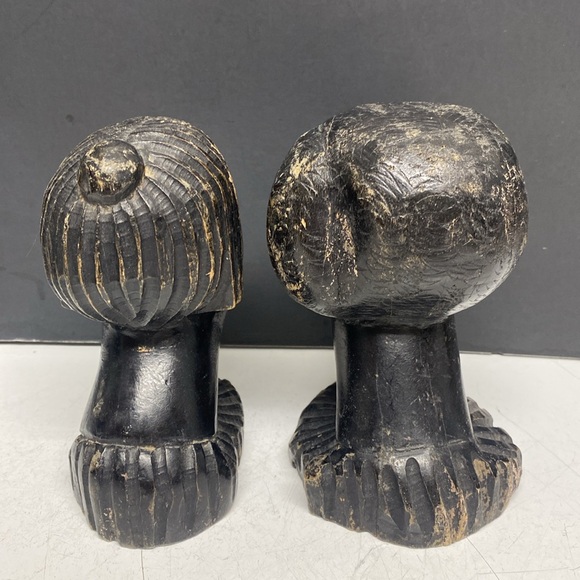 African Hand Carved Ebony Wood Bust Sculptures Tribal Head Set of Two - Picture 4 of 14